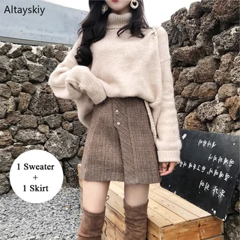 

Sets Women Turtleneck Plaid Retro Pullover Warm Elegant Korean Style Female All-match Leisure Womens Trendy Students Clothing