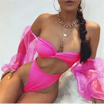 

Hot Sexy Bikini Set Two Piece Swimwear Mesh Puff Sleeve Bikini Women Knot Popular Female Swimming Suit Beachwear Bathing Suit