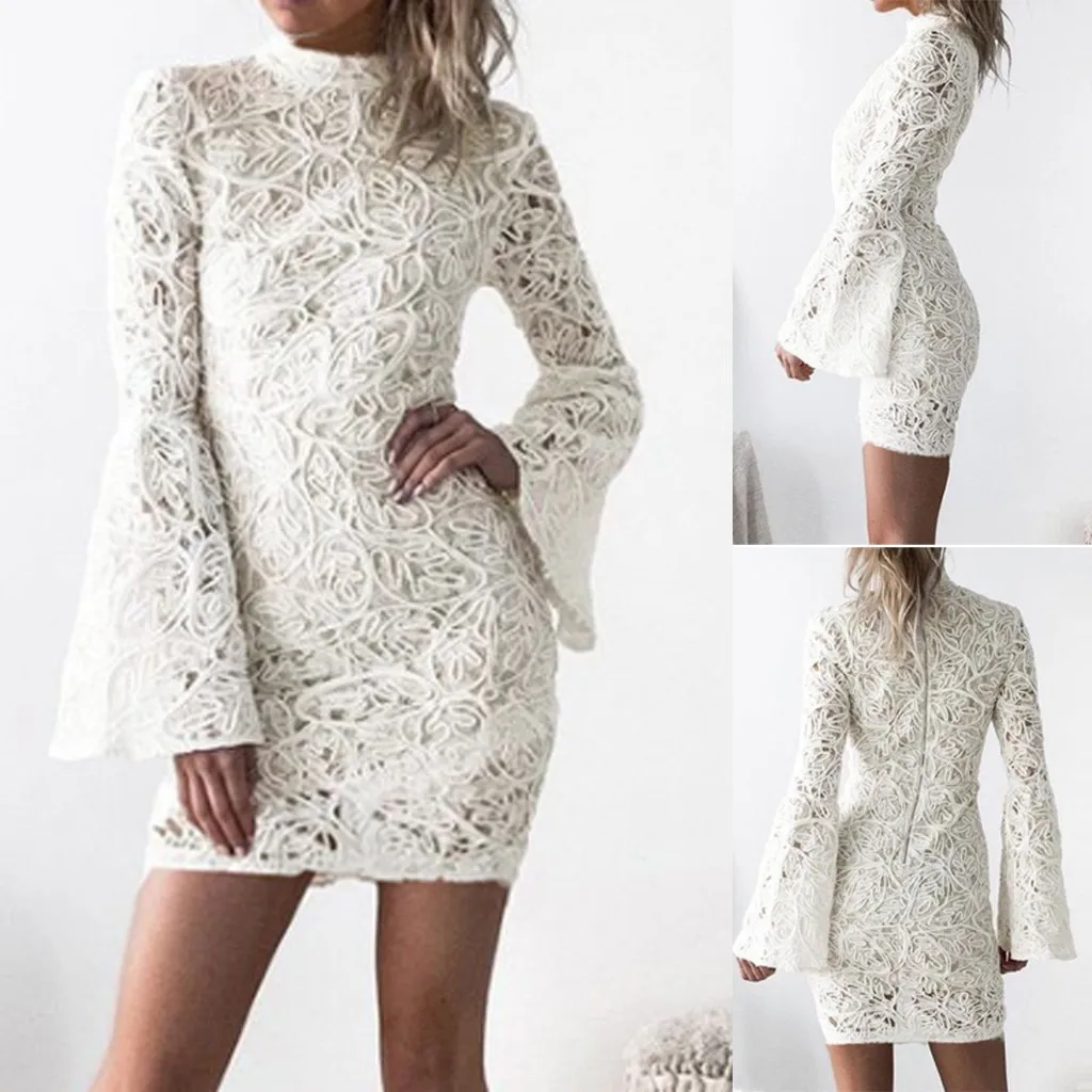 Сексуальное платье женское мини Летнее однотонное с длинным рукавом рукав