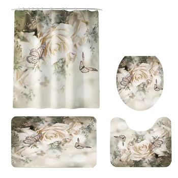 

4 in 1 Daisy Rose Pattern Bathroom Pads Curtain Set Waterproof Shower Curtain Toilet Seat Lid Cover Washroom Carpets Mat A30
