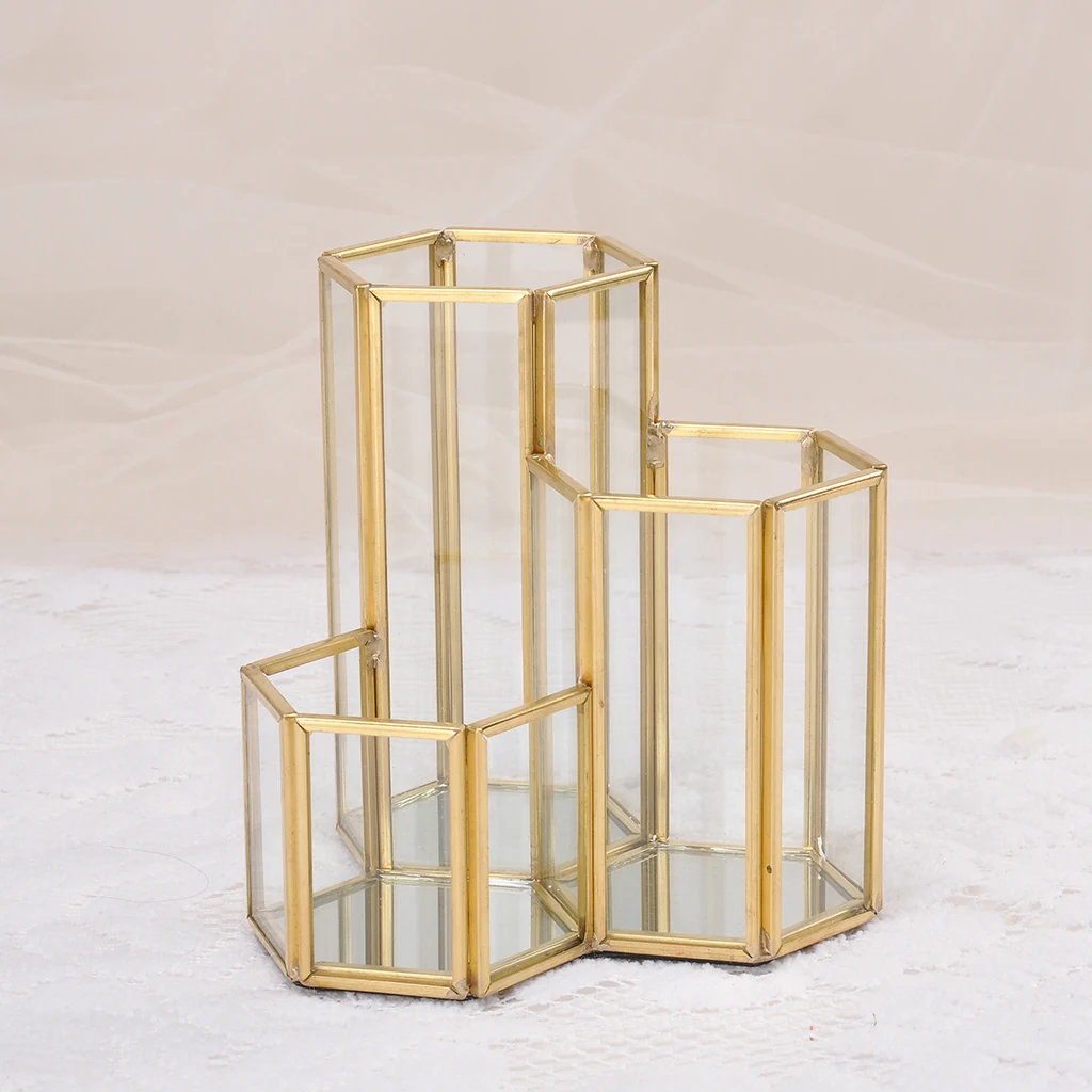 Desk Pencil Holder Display Container Home Classroom w/ 3 Slot Hexagon Shape
