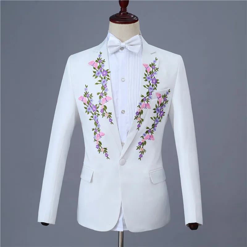 Fashion men's 4 flower embroidered suit set wedding prom party casual slim lapel white business suit(coat+ pant