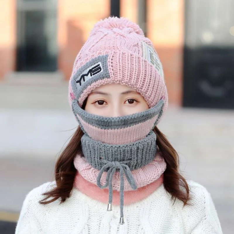Women's Winter Scarf Hat Sets Hats Knitted Face Protection Mask 3 Pieces Set Balaclava Skullies Beanies Ski Beanie Warm Thick