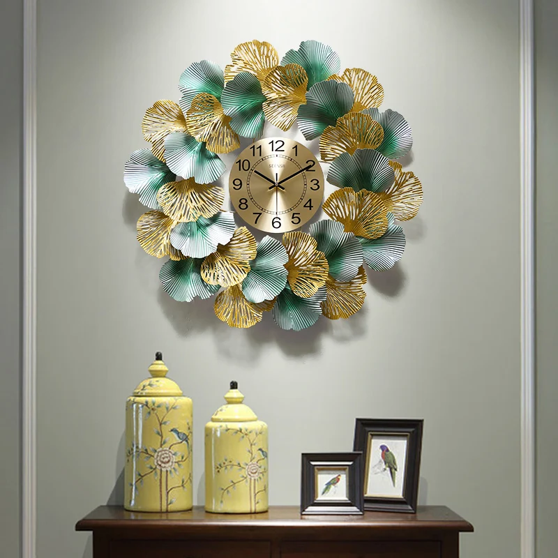 

New Chinese Wrought Iron Ginkgo Leaf Luxury Wall Clock Wall Hangings Crafts Home Livingroom Hotel Office Wall Mural Decoration