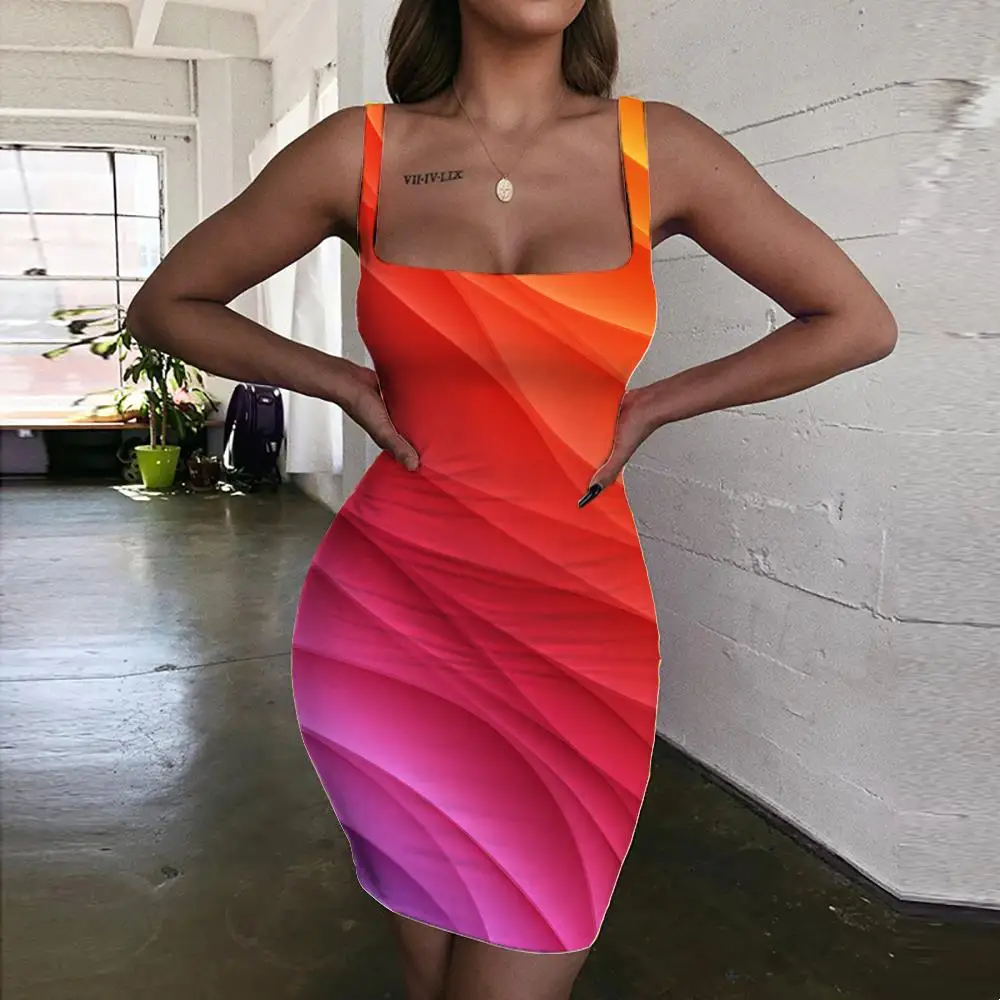 

KYKU Brand Colorful Dress Women Rainbow Bodycon Dress Gradient 3d Print Harajuku Vestido Sexy Womens Clothing Party Beach Beach