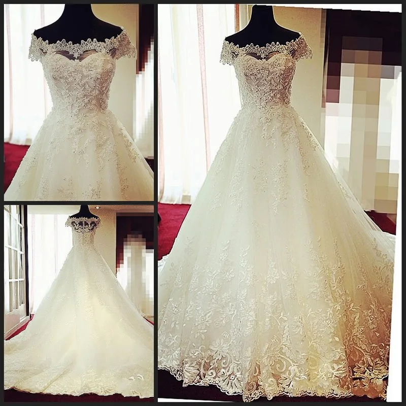 

custom boat neck crystal beading appliques lace wedding dress 2015 vestido de noiva brides a-line cap sleeve pearls luxury
