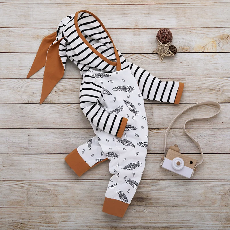 Брендовый Детский костюм пляжного типа для девочки, комбинезон с объемными ушками, толстовка с капюшоном, топ+ штаны в полоску, комплект осенней одежды