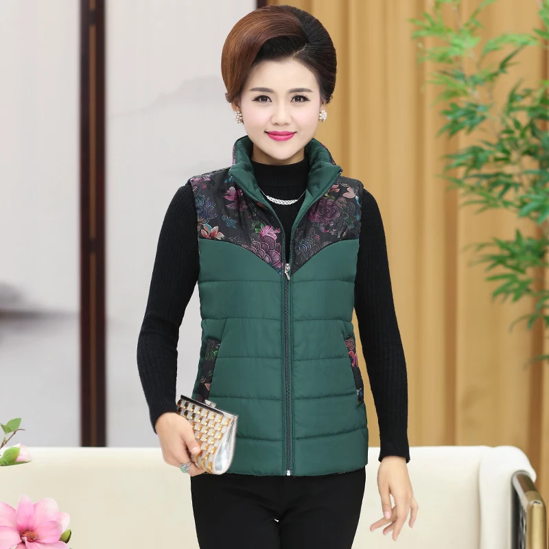 

Autumn Puffer Vest Middle Aged Women Green Red Black Flower Puff Sleeveless Jacket Mother Warm Lightweight Quilted Waistcoat 4XL