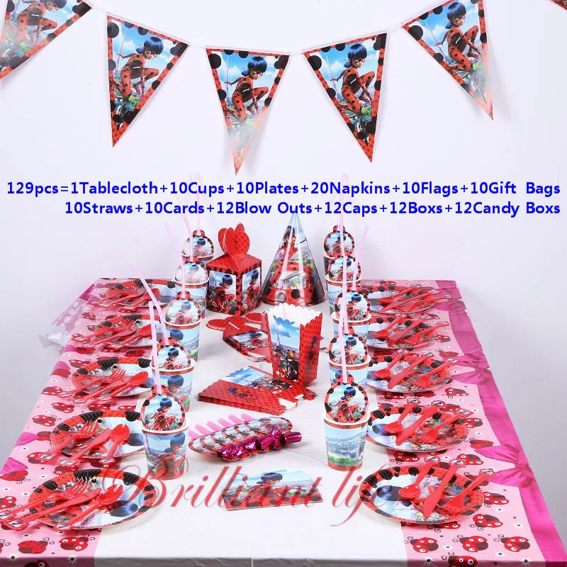 

129Pcs/159Pcs LadyBug Girl Cup Plate Napkin Kid Birthday Party Decoration Party Supplies Favor Items For Kids 10 People use