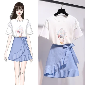 

Korea Flower Print Short Sleeve Cute T-Shirt Ruffles Irregular Mini Skirt Women's Two Piece Sweet Suit Dress