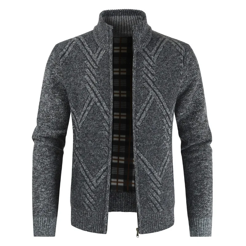 Stand collar knit jacket men's geometric pattern fashion slim trend Korean knit cardigan plus velvet warm sweater 2019 New Stand collar knit jacket men's geometric pattern fashion slim trend Korean knit cardigan plus velvet warm sweater 2019 New