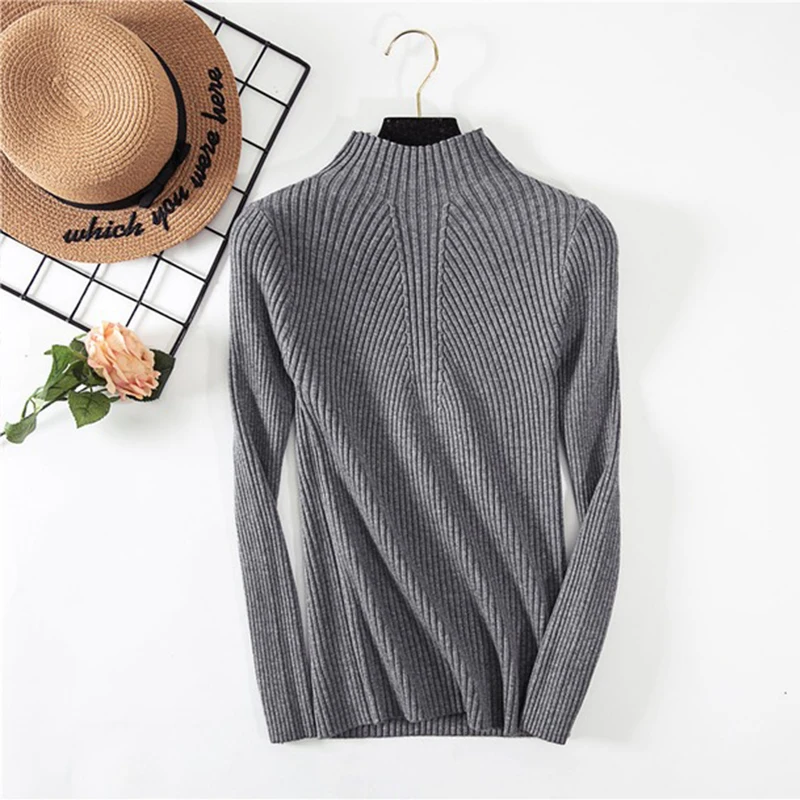 Gray Skinny Slim Round Neckline Long Sleeve Knitted Sweater Women Knitted Pullover Female Autumn Knitwear Warm Pullovers - Цвет: Gray
