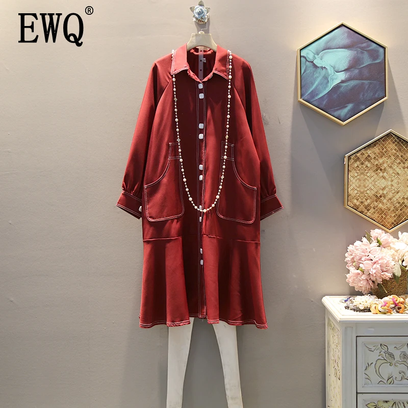 

[EWQ] 2019 Spring Autumn High Quality Lapel Long Sleeve Solid Patchwork Single Breasted Casual Dress Women Fashion Tide AH479