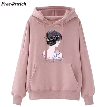 

FREE OSTRICH Fashion girl avatar print long-sleeved hooded pocket drawstring sweatshirt comfortable wild personality sweatshirt