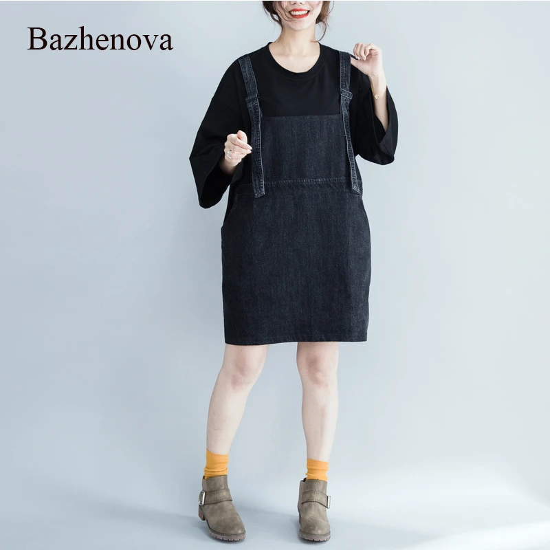 Bazhenova, женское джинсовое платье, женское свободное осеннее платье на бретелях, для девочек, простая Милая Одежда большого размера, женское платье R076