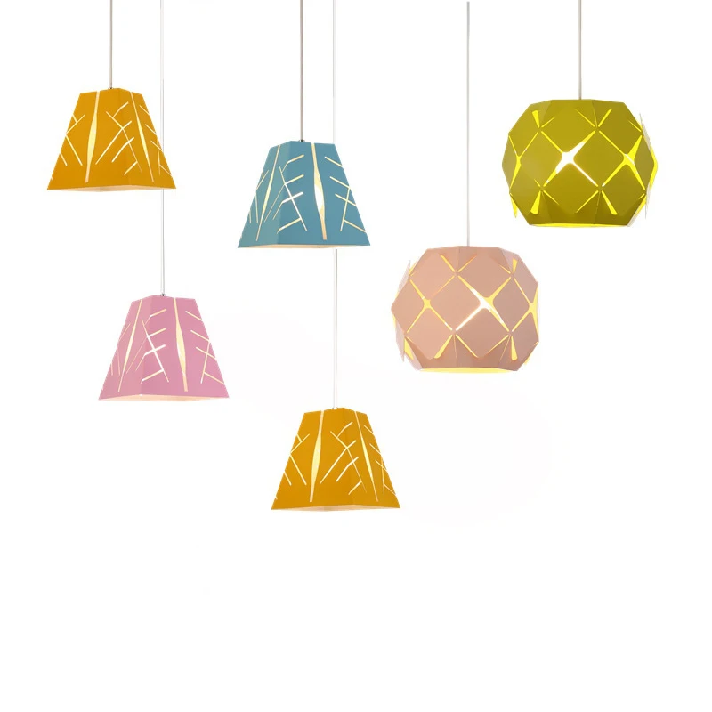 

Nordic Individuality Creative E27 Spheroidal Trapezoid Color Macarons Pendant Light High Quality Ironwork Art Decor Hanging Lamp