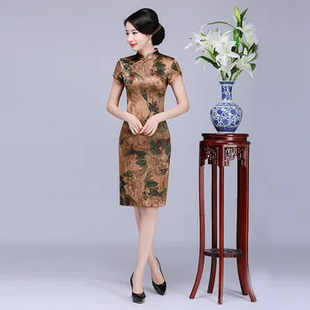 

Short Print Flower 100% Real Silk Qipao Sexy Oversize 3XL Slim Lady Cheongsam Chinese Traditional Party Prom Dress Vestidos