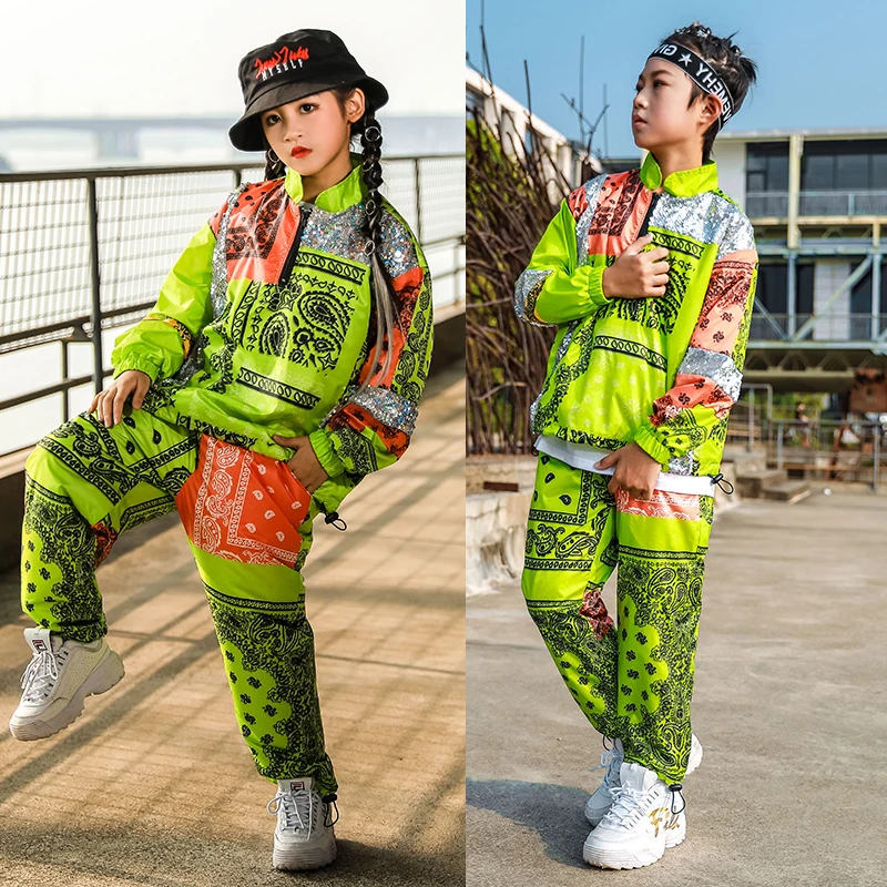 Boys Girls Hip Hop Dance Costumes Jazz Performance Clothing Fashion Print Top Pants Children Modern Outfit Stage Wear DN4590 |