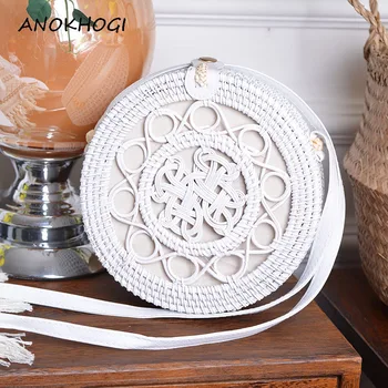 

White Circle Hollow Out Women Crossbody Bags Vintage Rattan Handmade Round Bag Hollow Out Knot Shoulder Bag B512