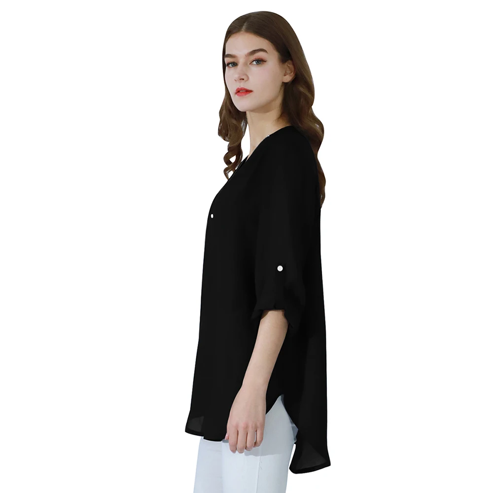 YMING Front Zipper Chiffon Blouse Women V-Neck Office Casual Female Ladies Tops Long Sleeve Blusas Shirts Vintage White Tunic