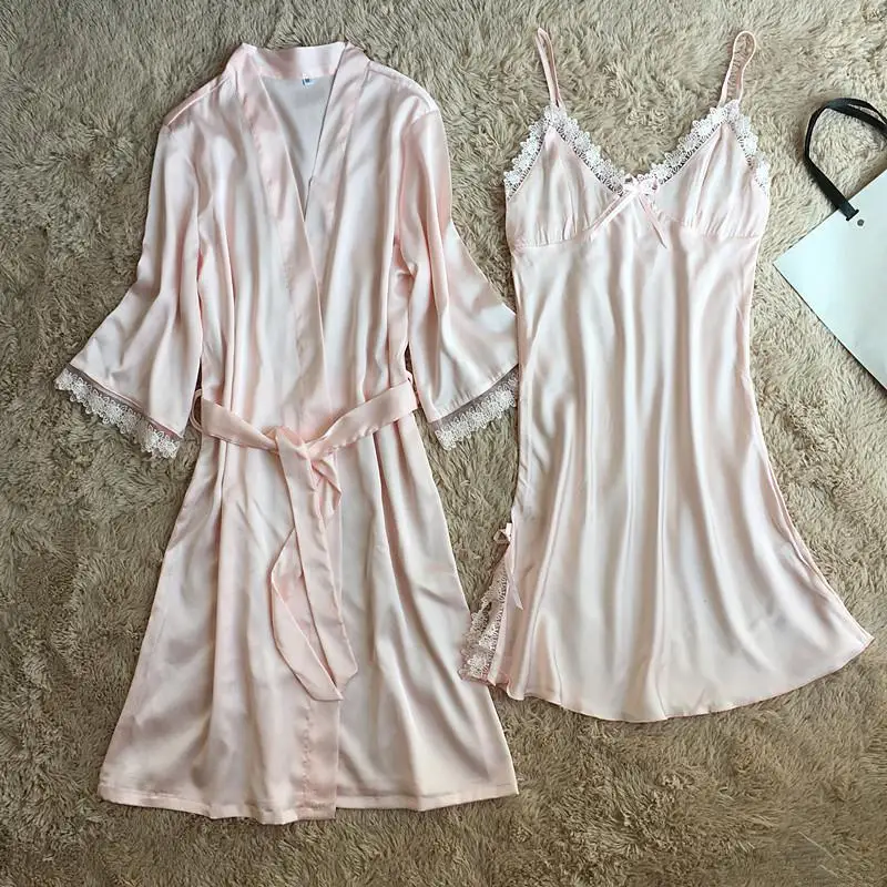 Атласный Женский комплект для сна из 4 предметов Пижамный костюм из вискозы Весенняя пижама с длинным рукавом пижамный комплект сексуальный халат банное платье повседневное ночное белье - Цвет: Pink Robe Set