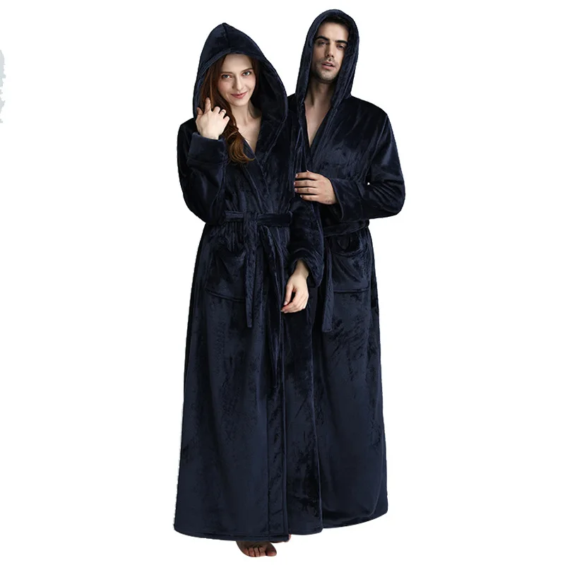 Autumn and Winter Extra Long Bathrobe Women Winter Coral Velvet Men's Hooded Bathrobe Lovers Hooded Flannel Nightgown