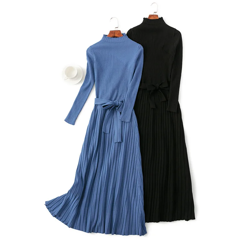

Korean Sweater Over The Knee Temperamentsmall Fragrance Wind Bow Tie Autumn And Winter Knitted Woman Long Sweaters