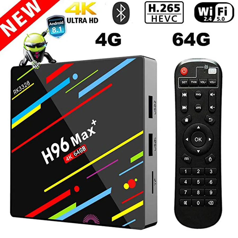 H96 Max+ смарт ТВ коробка Android 8,1 RK3328 Поддержка H.265 VP9 декодирования видео двухъядерный процессор Wi-Fi Bluetooth KD18.0 USB3.0 IPTV Set-top Box