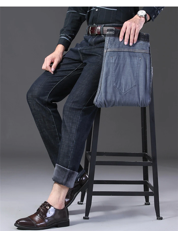 Зимние новые мужские толстые теплые джинсы Большие размеры 40, 42, 44, деловые повседневные Стрейчевые джинсовые брюки мужские Брендовые брюки черный, синий