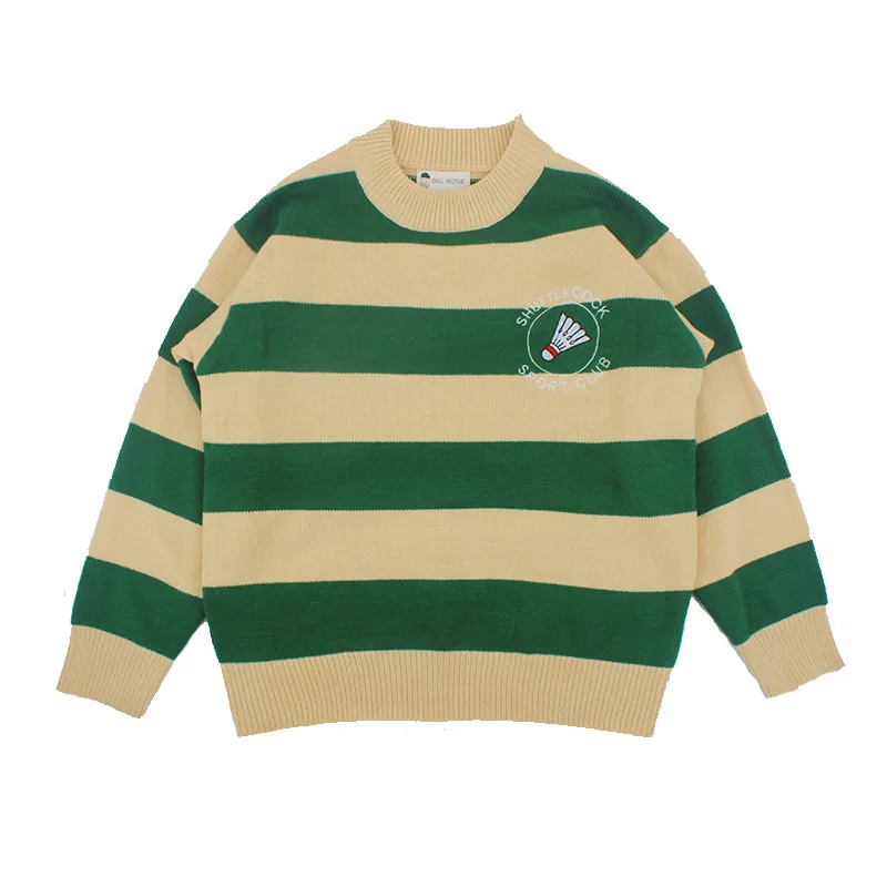 

South Korea Korean Style Sweater Embroidered Bold Stripes Sweater Loose And Plus-sized Crew Neck Sweater Women's Autumn And Wint