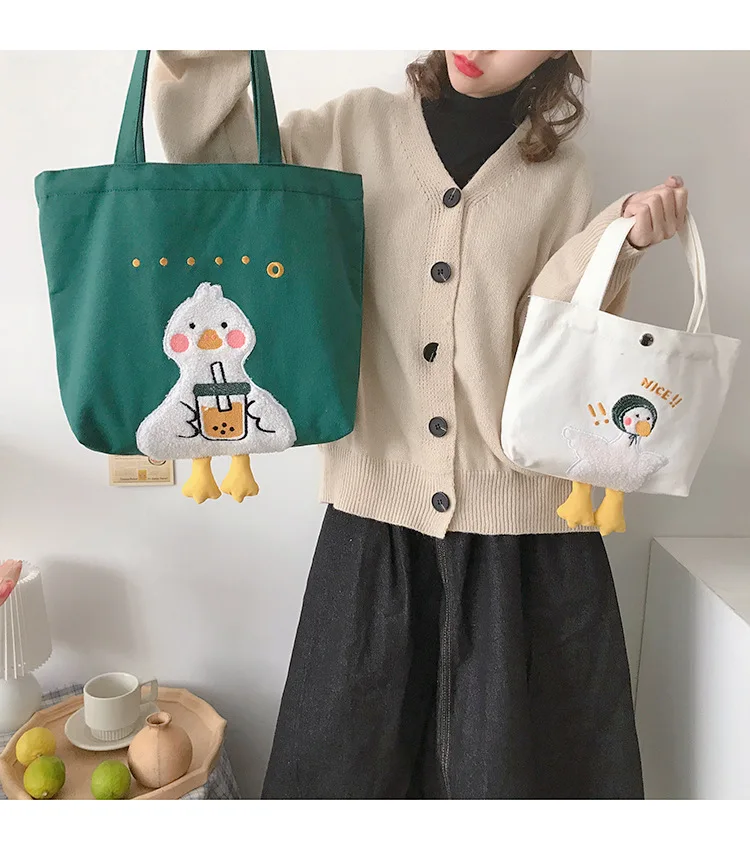 Cute Design Women's Canvas Shoulder Bag Lovely Duck Embroidery Student Girls School Book Tote Handbags Female Large Shopper Bags