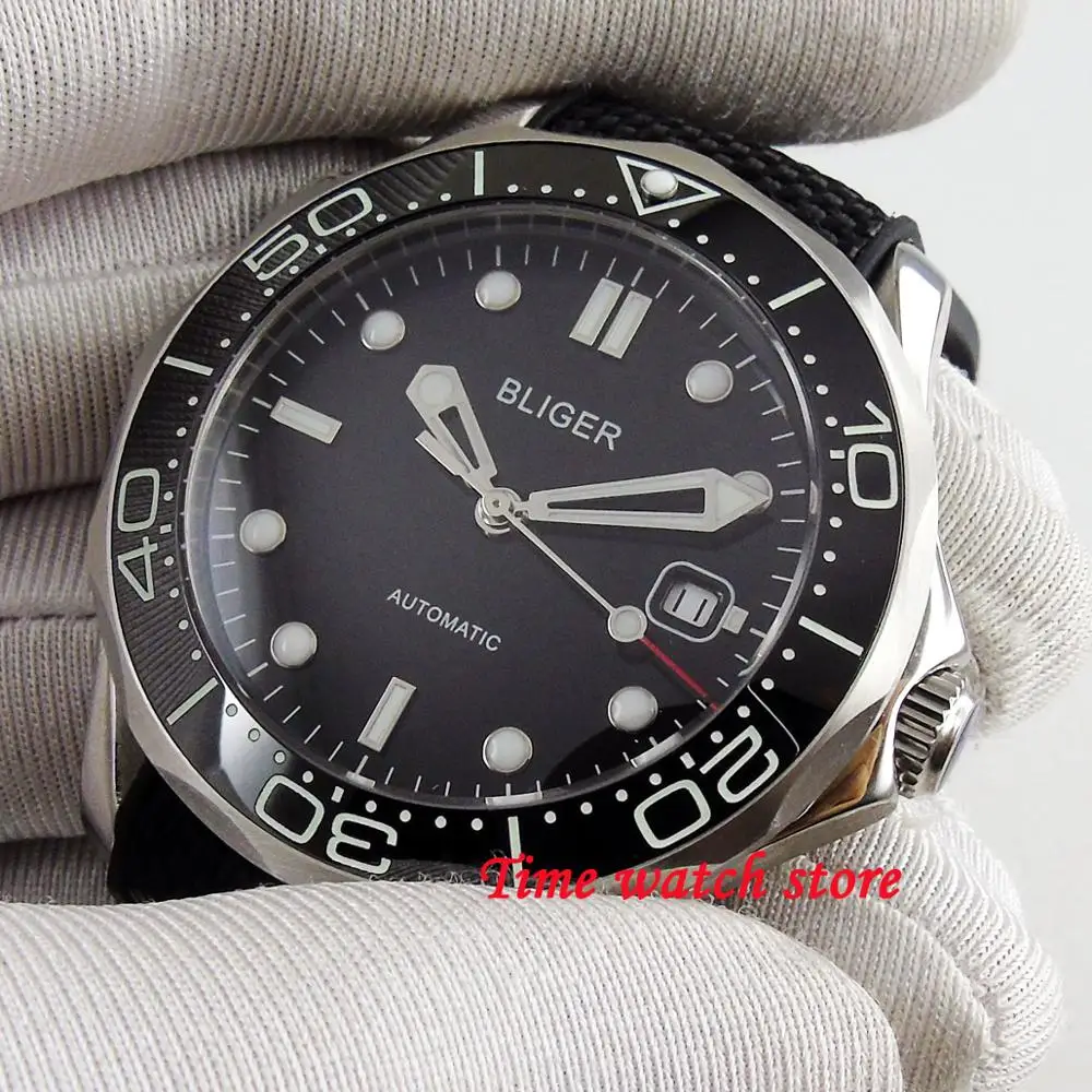 41 мм Bliger механические часы для мужчин водонепроницаемый черный Циферблат резиновый холщовый браслет сапфир керамика Безель MIYOTA Авто запястье B223