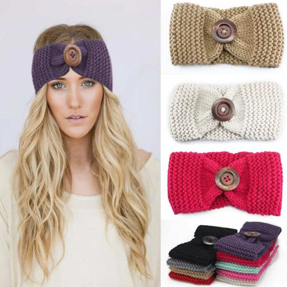 KHGDNOR Wool Knitted Hairband Winter Warm Fashion Button Cross Headband Solid Color Elastic Head Band for Women Girls