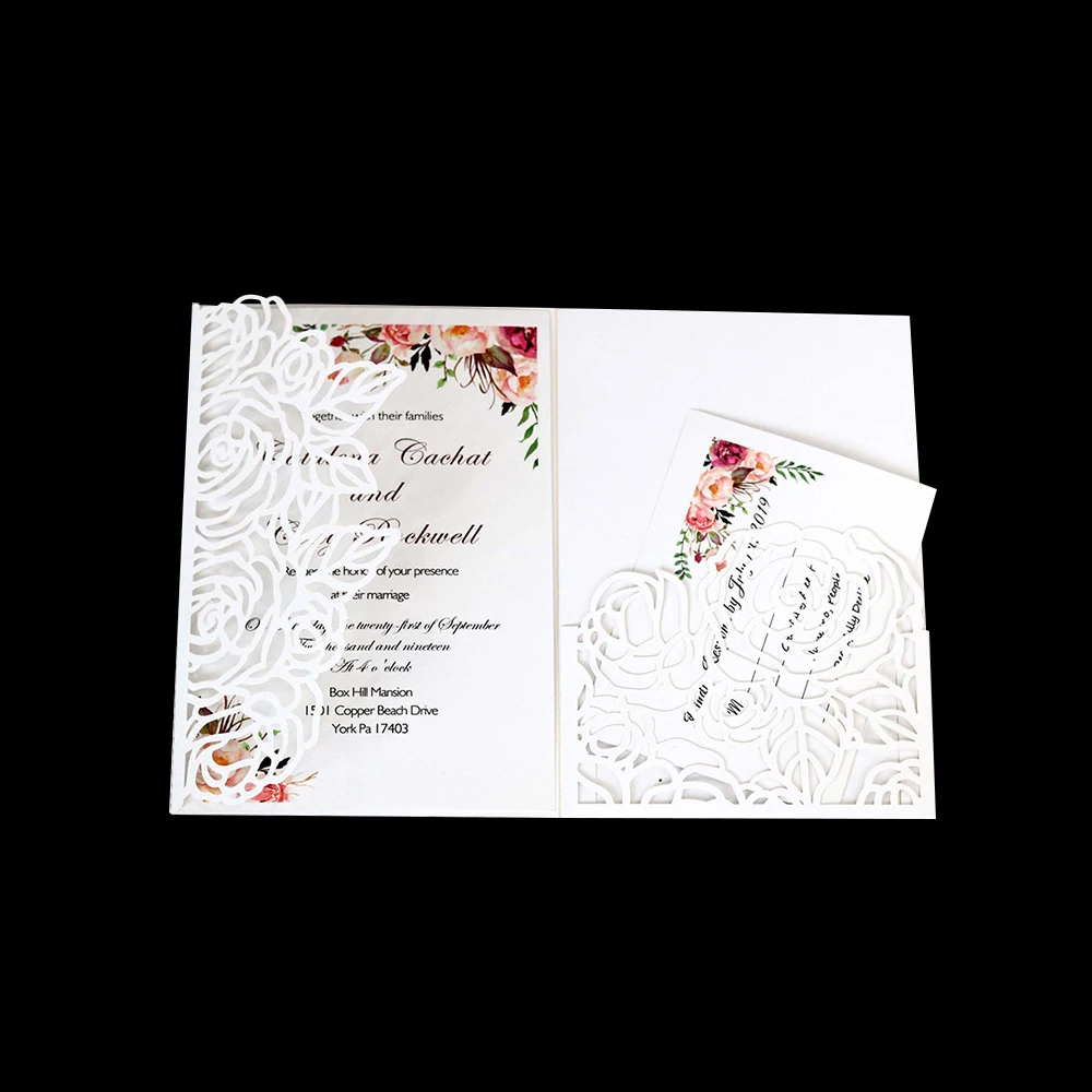  10Pcs Wedding Invitation Cards Floral Laser Cut Paper Cover Craft Envelopes Set - 4000077928276
