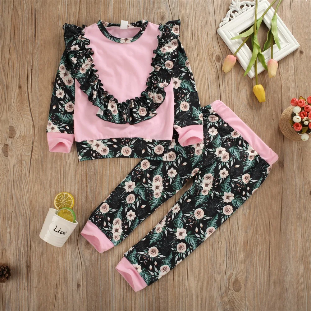 1-6Y Toddler Kids Baby Girl Winter Clothes Sets Floral Print Ruffle Tops Long Pants Outfits Autumn Clothes