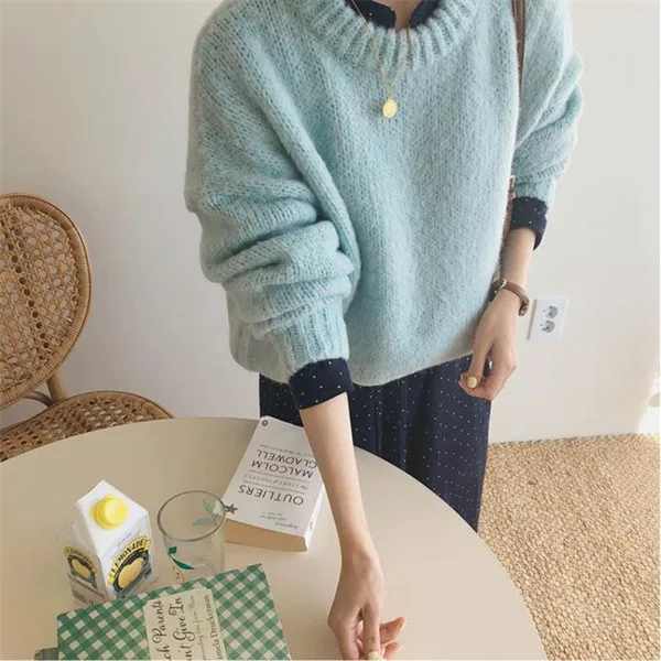 Mint Green Свитер женский RUGOD, мягкий мохеровый свитер для женщин, Модный Свежий фиолетовый зеленый пуловер с круглым вырезом и длинными рукавами, повседневный вязаный зимний свитер для женщин кофта женская - Цвет: Mint Green