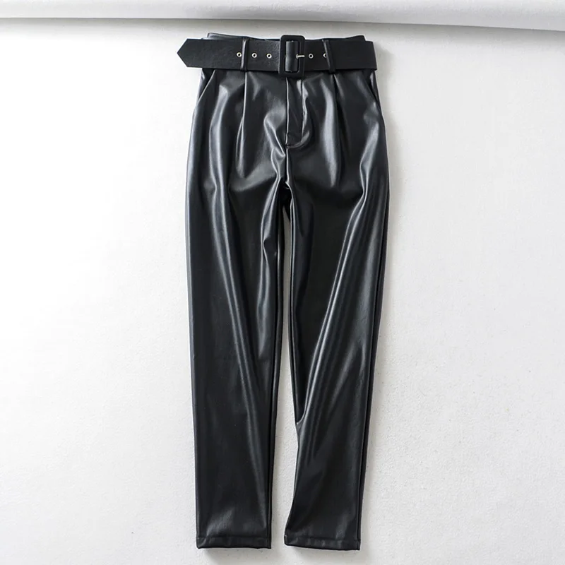 Женские модные однотонные брюки из искусственной кожи с поясом и завязками, элегантные женские брюки-карандаш с карманами