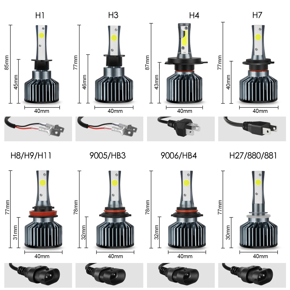 2 шт. Автомобильные светодиодные лампы H1 H3 H27 H7 H11 HB3 HB5 880 9005/HB3 9006/HB4 H4 HB1 12 В 72 Вт 6000K