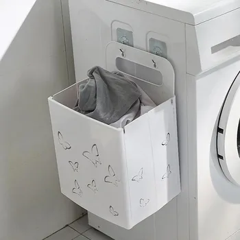 

Foldable Bathroom Storage Basket Plastic Dirty Hamper Clothes Wall Shelf Hanging Punch-free Laundry Basket Kids Toys Organizer
