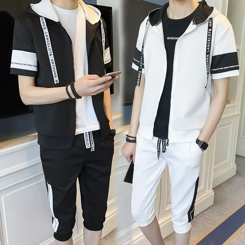 

Spring Summer MEN'S Hoodie Thin Short Sleeve Set Teenager Students Sports Clothing Men's Korean-style Trend Two Pieces a Set