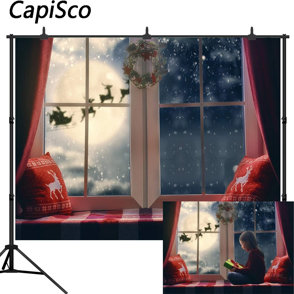 

Capisco Christmas Backdrop Pillow Window Moon Reindeer Santa Garland Wreath Holiday Family Party Kids Photography Background