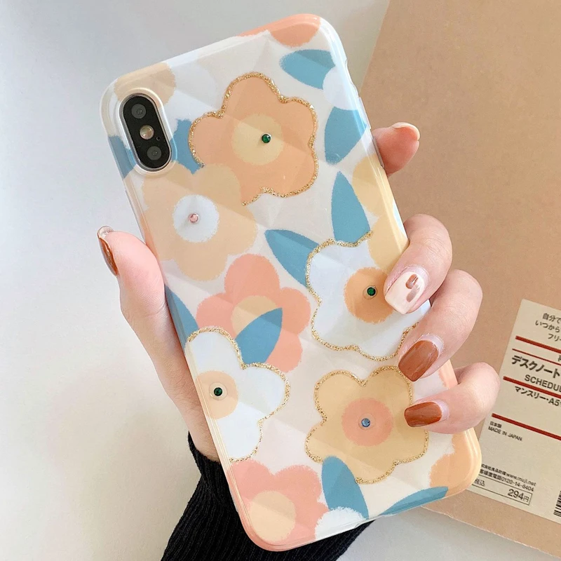 Простой Цветочный узор чехол для телефона iPhone 7 8Plus X Xs XR Max Алмазный ромбоид ТПУ