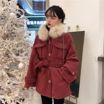 

EAD autumn and winter new waist bandage woolen coat women were thin temperament Korean retro big fur collar coat red khaki