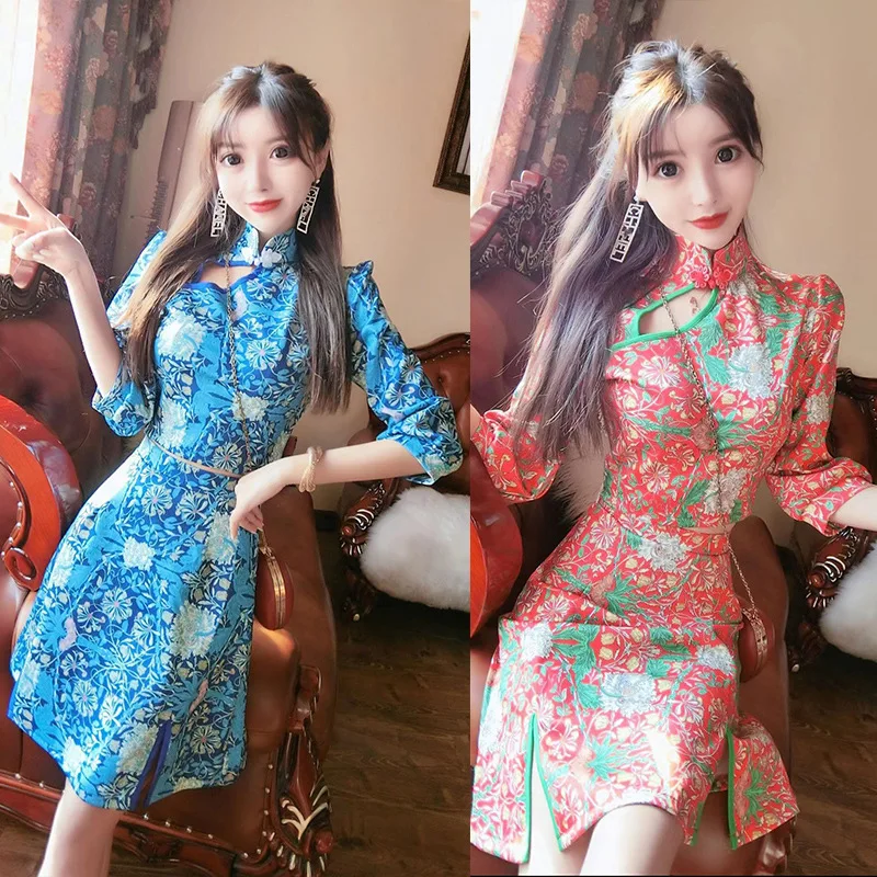 

Photo Shoot New Style Retro Chinese Style Popular Brand Printed Cheongsam Uniform Suit Sexy Slit Two-Piece Skirt