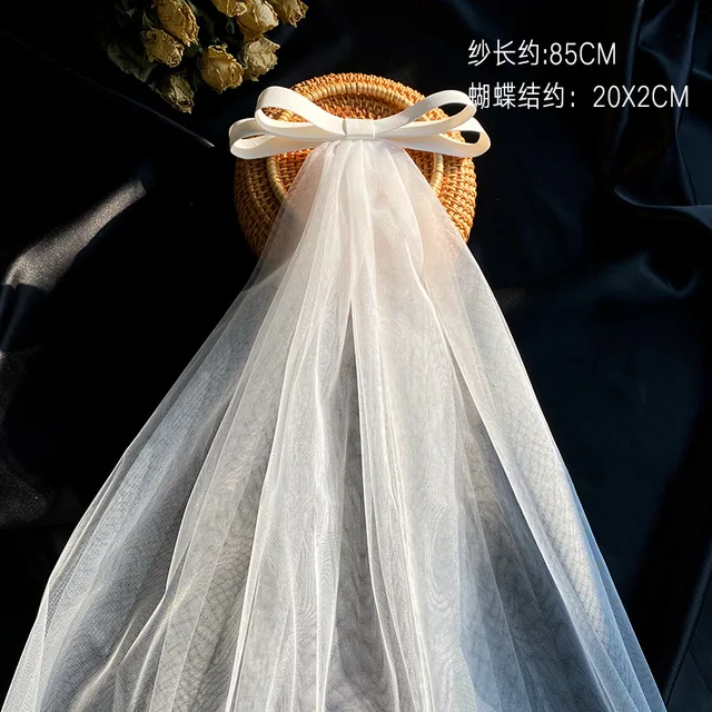 New Bow Veil Super Fairy Wedding Trip Shoot Photo White Satin Mesh Barrettes Bridal Hair Accessories 6