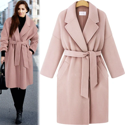 pink woolen coat Luzuzi осень зима Новая модная теплая зимняя одежда женское Шерстяное Пальто с отворотом куртка свободное кружевное пальто Верхняя одежда - Цвет: pink woolen coat