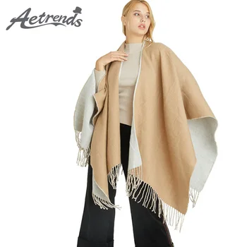 

[AETRENDS] Double Colors Sweater Poncho Cape Women's Open Front Blanket Shawl and Wrap K-0013