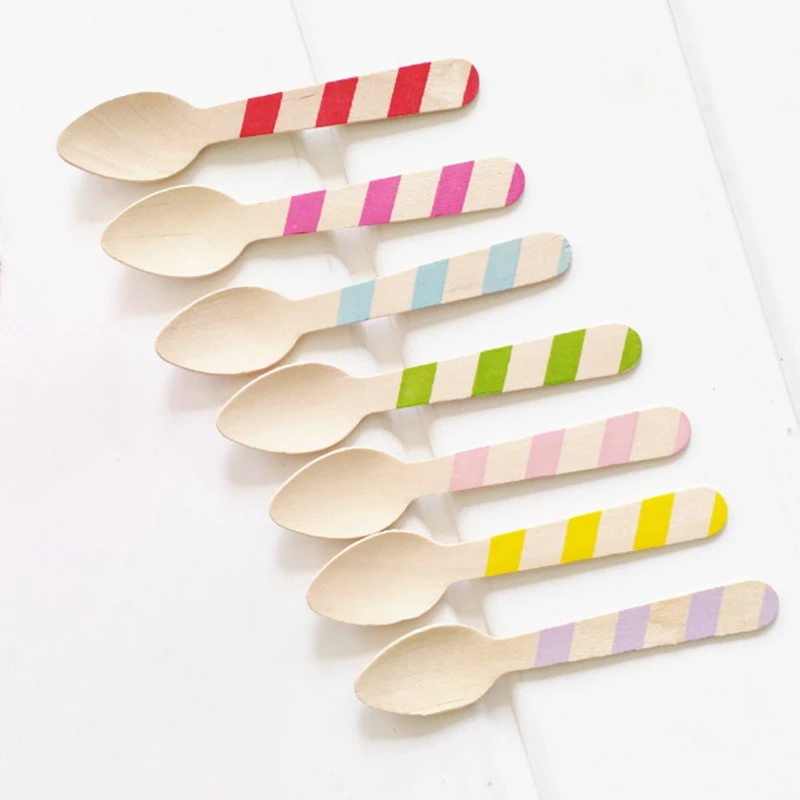 

20 Pcs Disposable Color Wooden Spoon Ice Cream Spoon Diagonal Stripes Children's Birthday Party Tableware Small Wooden Spoon