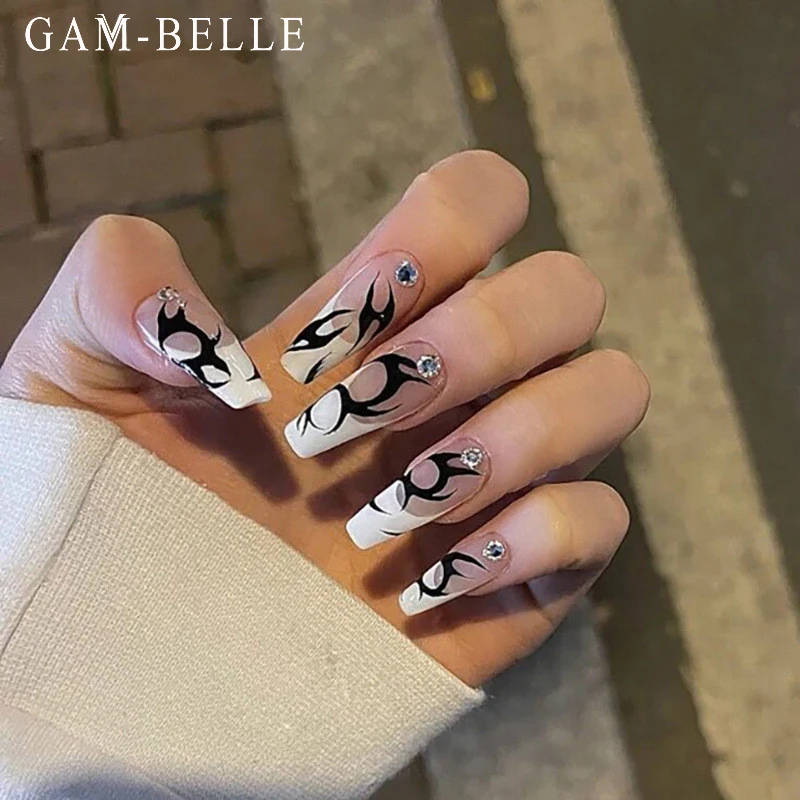 GAM-BELLE 24 шт готические черные граффити накладные ногти длинный гроб полные