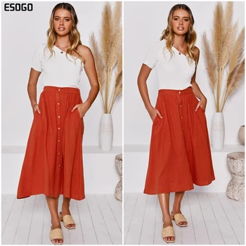 

Elegant Red Button Woman A- line Skirt Casual Cotton Summer Outdoor Female Skirt Streetwear High Waist 2020 New Lady Skirts